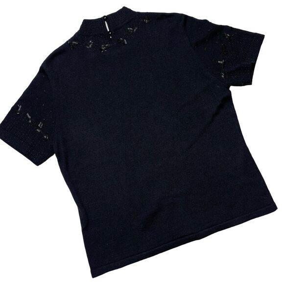 Vintage Style Size Large Retro 50s Black Beaded Wool Blend Sweater Short Sleeve - Picture 2 of 8